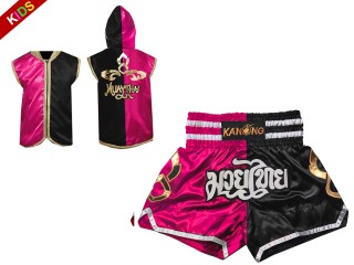 KANONG Bokszkabát kapucnival + Kanong Muay Thai rövidnadrág gyerekeknek : 143-Rózsa-fekete