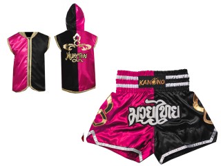 KANONG Muay Thai kabátok kapucnival + Kanong Muay Thai rövidnadrág : 143-Rózsa-fekete