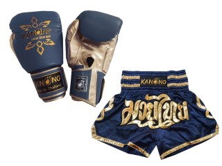 Megfelelő Muay Thai kesztyű és Muay Thai rövidnadrág: Set-121-Sötétkék