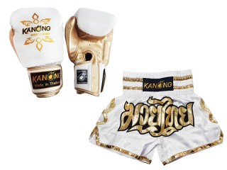 Megfelelő Muay Thai kesztyű és Muay Thai rövidnadrág: Set-121-Fehér