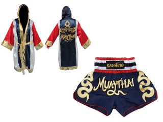 Kanong bokszköpeny + Kanong Muay Thai rövidnadrág : Set-120-Elefánt-Sötétkék