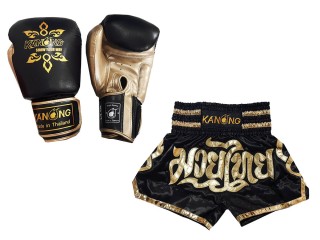 Megfelelő Muay Thai kesztyű és Muay Thai rövidnadrág: Set-121-Fekete