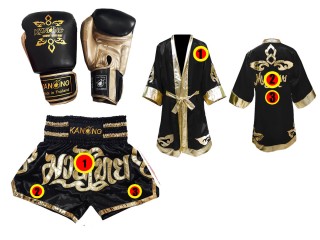 Muay Thai kesztyű + egyedi nadrág + egyedi köntös : Fekete Lai Thai