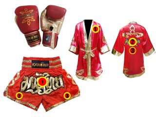 Muay Thai kesztyű + egyedi nadrág + egyedi köntös : Piros Lai Thai