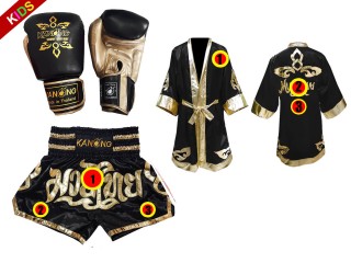 Muay Thai kesztyű + egyedi nadrág + egyedi köntös gyerekeknek: Fekete Lai Thai