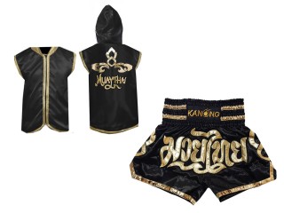 KANONG Muay Thai kabátok kapucnival + Kanong Muay Thai rövidnadrág : Fekete / Lai Thai