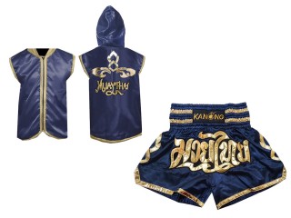 KANONG Bokszkabát kapucnival + Kanong Muay Thai rövidnadrág : Sötétkék / Lai Thai