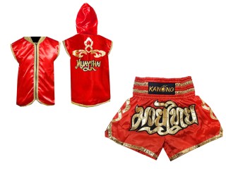 KANONG Muay Thai dzsekik kapucnival + Kanong Muay Thai rövidnadrág : Piros / Lai Thai