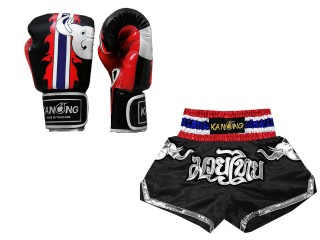 Megfelelő Muay Thai kesztyű és Muay Thai rövidnadrág: Set-125-Fekete