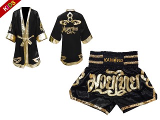 Kanong bokszköpeny + Kanong Muay Thai rövidnadrág gyerekeknek : Fekete Lai Thai